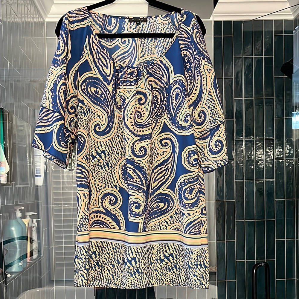 Glam Blue and Cream Patterned Dress